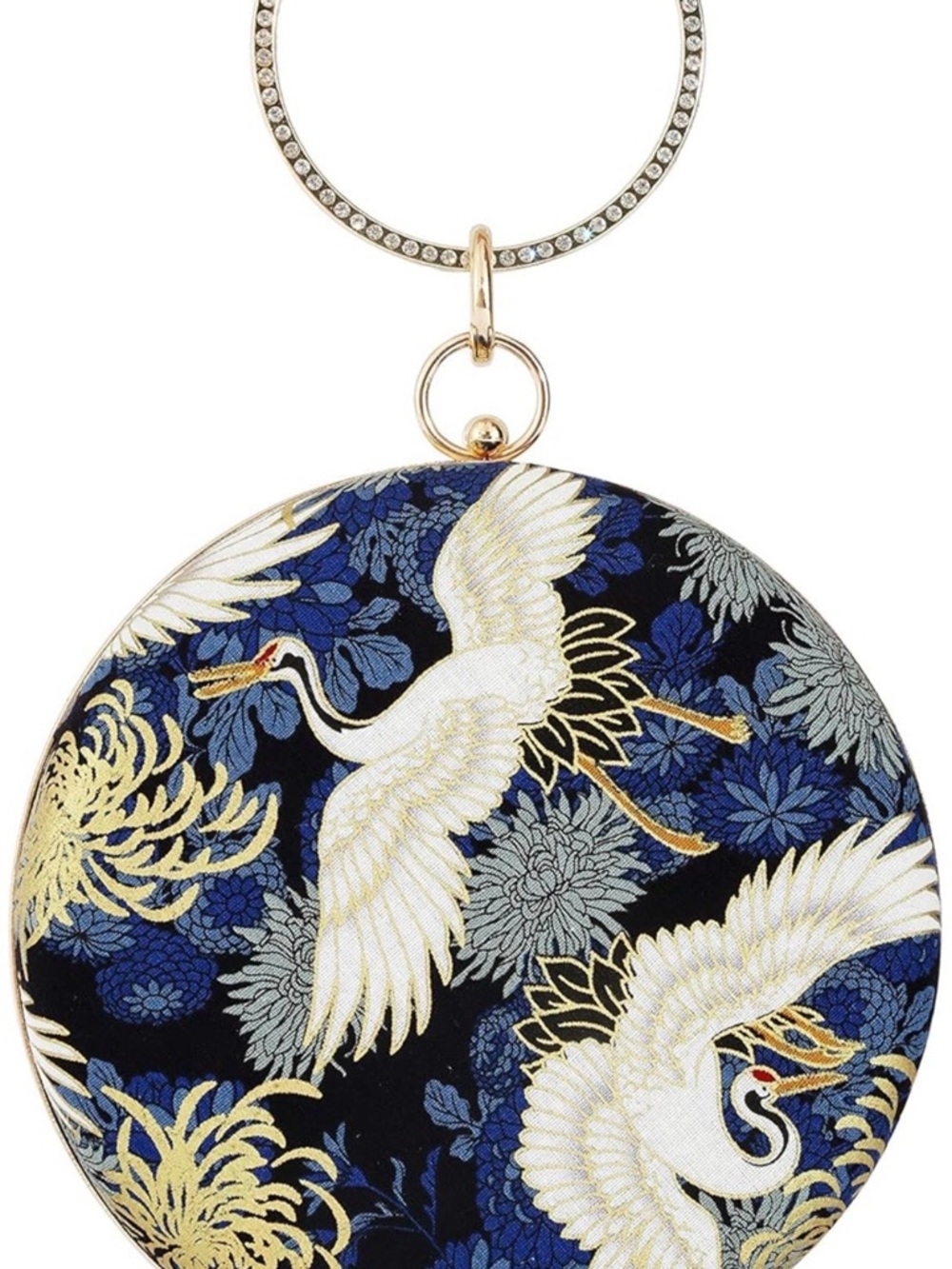 Round Clutch Purse - Navy, White & Gold Crane Pattern